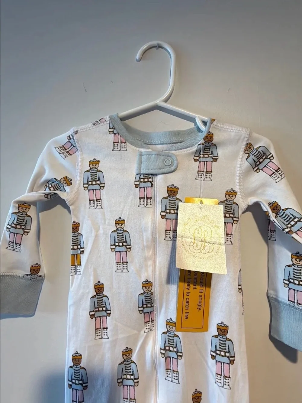Baby Nutcracker-Print Footless Cotton Zip Romper - White & Light Blue